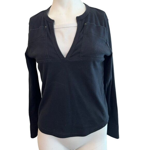 Ladies Medium Black Top V Neck White Cami Blouse Long Sleeve Chest Pockets - Picture 1 of 4